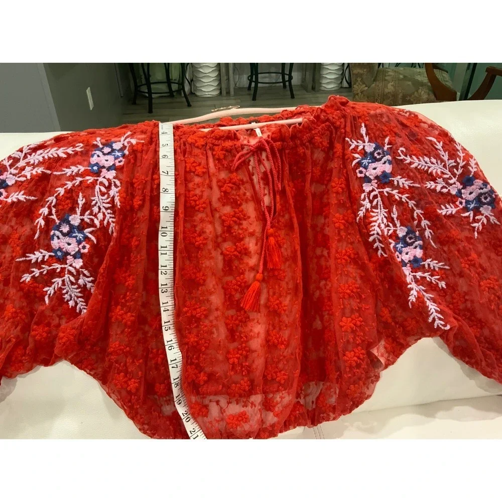 Free People Red Sheer Lace Embroidered Off Shoulder Tassel Blouse Small OB643444